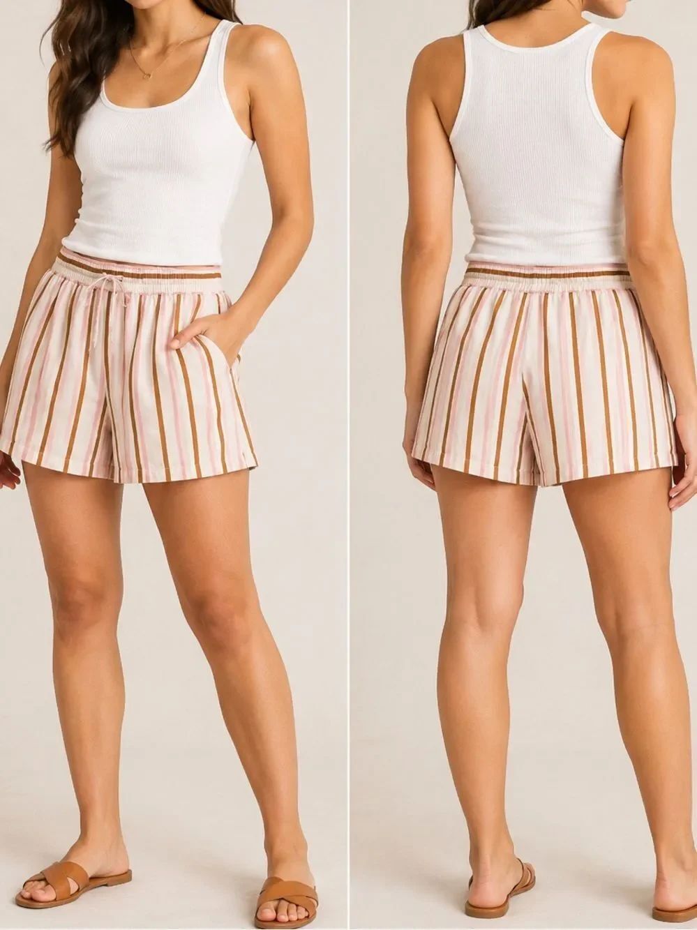 Anthropologie Striped Pull On Shorts Medium Pink Brown Casual Summer Shorts